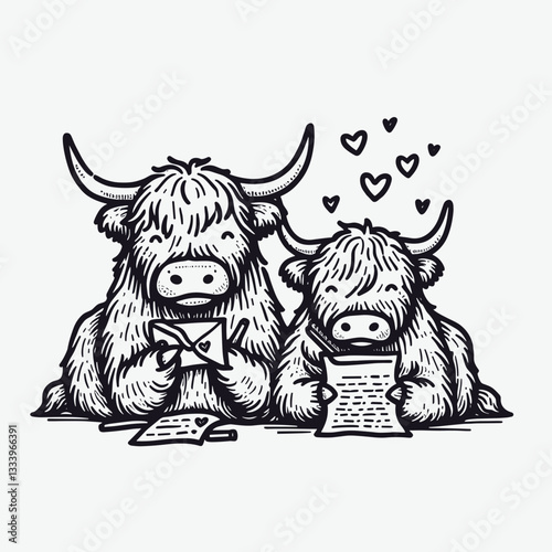 Highland Cow Couple writing love letters a minimalist monochrome doodle for a Christmas card