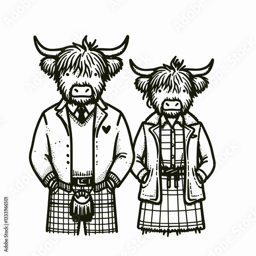Highland Cow Couple Wearing matching outfits minimalist vector graphic for a festive Christmas card