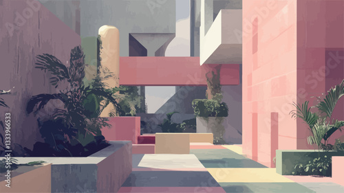 The image shows a courtyard within a modern building featuring a pastel color palette of pink, green, and beige.  The architecture is characterized by geometric shapes and clean lines, typical of