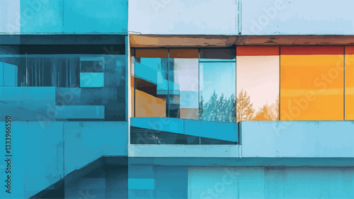 Close-up view of a modern building's exterior. The image features a fragmented composition of various-sized rectangular glass panels in shades of blue and orange, set against a light-grey concrete