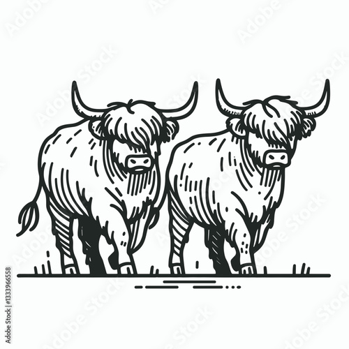 Highland Cow Couple walking together minimalist vector graphic a festive Christmas holiday stroll