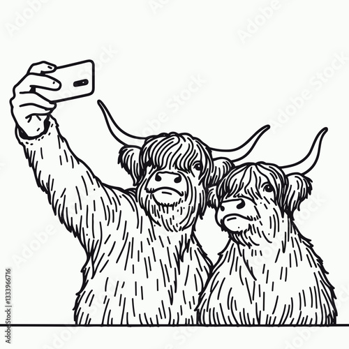 Highland Cow Couple Taking a selfie minimalist vector drawing for a Christmas card featuring a festive Scottish scene
