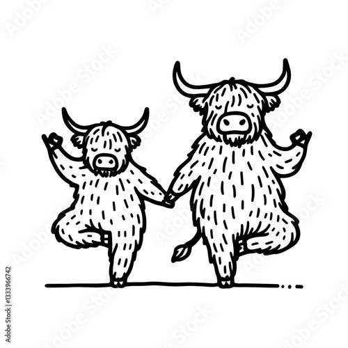 Highland Cow Couple standing yoga poses minimalist silhouette drawing a festive Christmas holiday scene