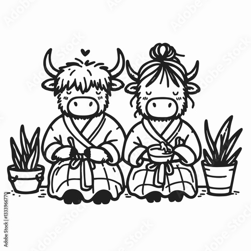 Highland Cow Couple spending the day at the spa enjoying a minimalist vector Christmas holiday pampering session
