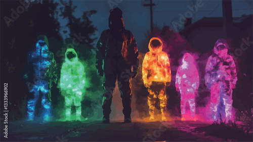 The image depicts a group of figures, appearing to be children and one adult, at night. The figures are wearing suits that are brightly illuminated with various colors of neon light, creating a