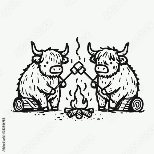 Highland Cow Couple roasting marshmallows vector illustration simple minimalist Christmas holiday design