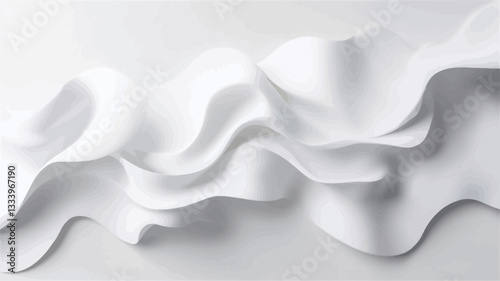 High-angle, close-up view of an abstract composition featuring white, flowing fabric or material. The image shows soft, undulating folds and waves, creating a sense of movement and fluidity.  The