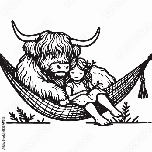 Highland Cow Couple Laying on a hammock vector illustration a peaceful bovine duo relaxing in a simple minimalist style