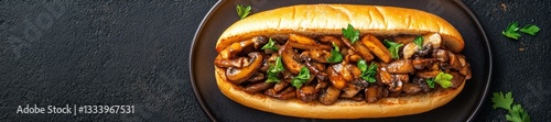 Vegan Sandwich with Delicious Sauteed Mushrooms and Fresh Herbs. Generative AI photo