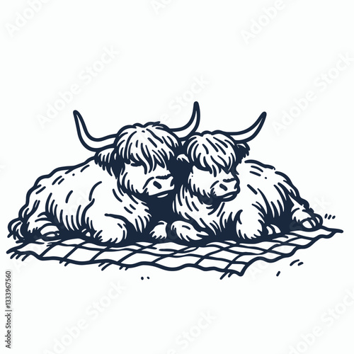 Highland Cow Couple Laying on a Blanket a simple monochrome vector drawing depicts a contented bovine pair enjoying a sunny day