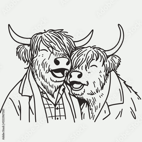 Highland Cow Couple Laughing Together vector outline drawing a whimsical Scottish scene of happy bovine love.