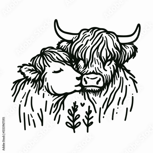 Highland Cow Couple Kissing on the cheek a minimalist vector outline drawing shows their gentle affection in a Scottish landscape.