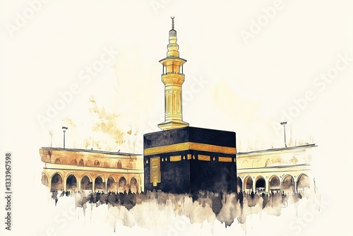 Watercolor Painting of Kaaba in Mecca, Islamic Holy City, Hajj Pilgrimage