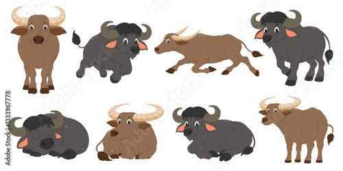 Eight cartoon water buffaloes in various poses, perfect for children's books, educational materials, for farm themed designs. Cute and charming characters.