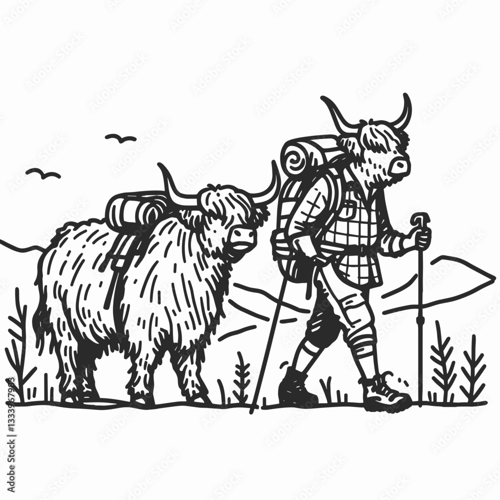 Fototapeta premium Highland Cow Couple hiking a snowy mountain path minimalist vector graphic Christmas card design