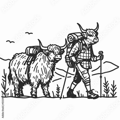 Highland Cow Couple hiking a snowy mountain path minimalist vector graphic Christmas card design