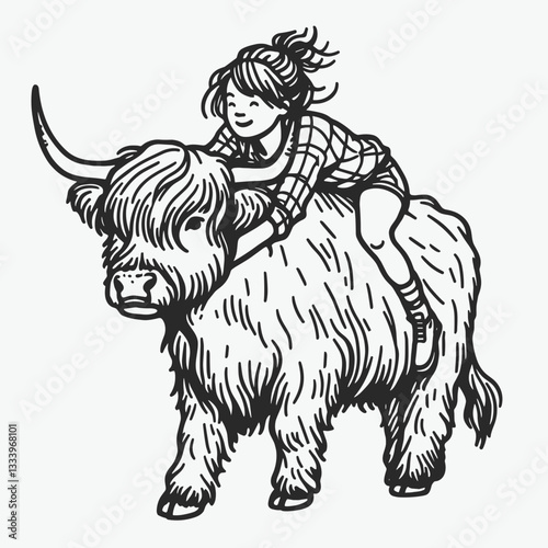Highland Cow Couple giving a piggyback ride vector graphic simple minimalist silhouette a loving bovine pair enjoying a carefree moment.