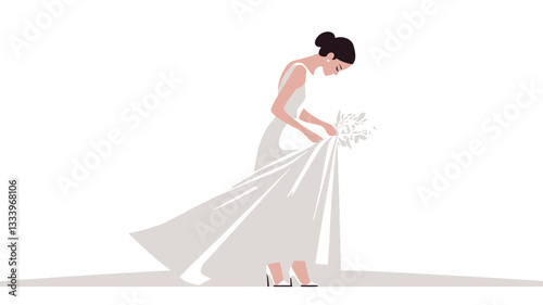 Illustration of a woman in a long, flowing white wedding dress. The dress has a simple, sleeveless design and a train that pools on the ground. The bride is shown from the knees up, slightly