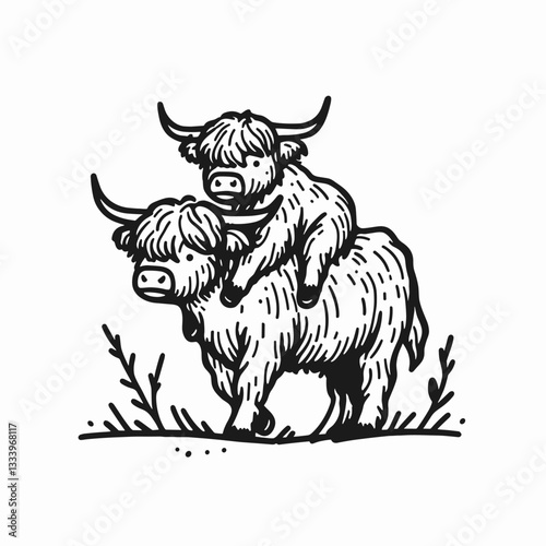 Highland Cow Couple Giving a piggyback ride vector illustration shows a loving bovine pair enjoying a playful moment