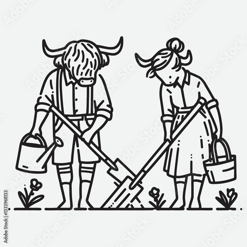 Highland Cow Couple gardening together a minimalist monochrome doodle depicts bovine bliss in a flourishing vegetable patch