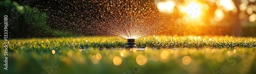 Golden Hour Sprinkler Irrigation Lush Green Grass, Sparkling Water