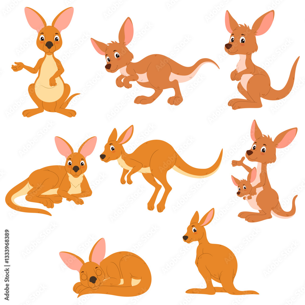Obraz premium Eight cartoon kangaroos in varied poses, perfect for children's books, educational materials, and wildlife themed designs in need of playful characters.