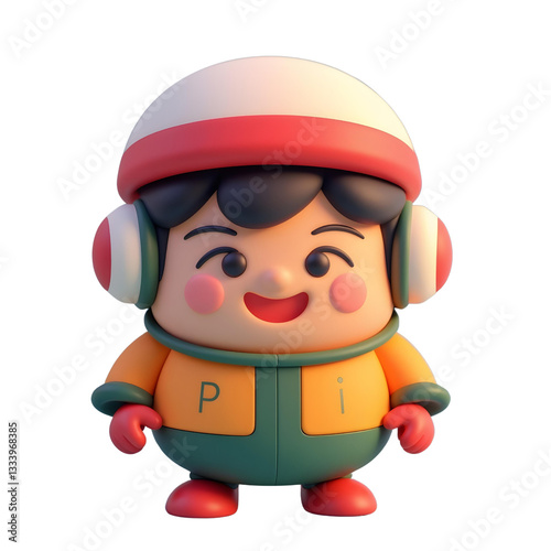 Cute boy with black hair, wearing a white and red hat and headphones, green overalls and a yellow jacket, white background