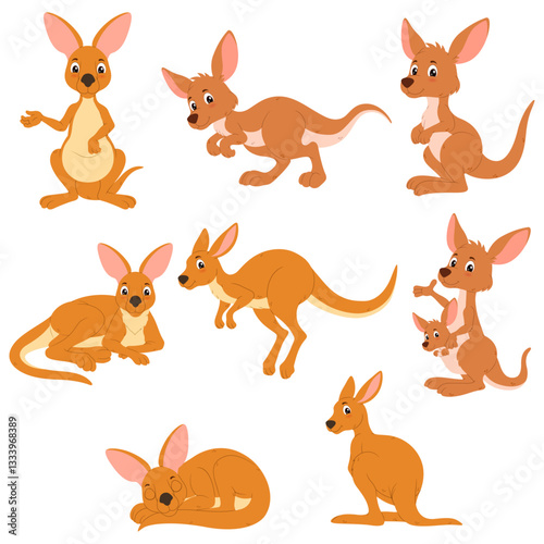 Eight cartoon kangaroos in varied poses, perfect for children's books, educational materials, and wildlife themed designs in need of playful characters.