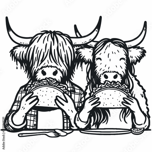 Highland Cow Couple eat taco minimalist vector drawing for a festive holiday card