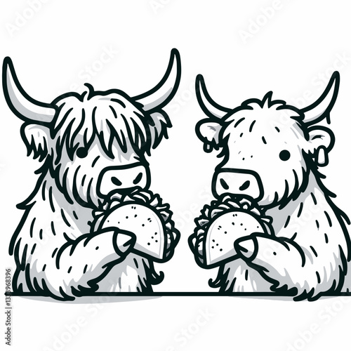 Highland Cow Couple eat taco vector minimalist silhouette drawing festive Christmas holiday feast