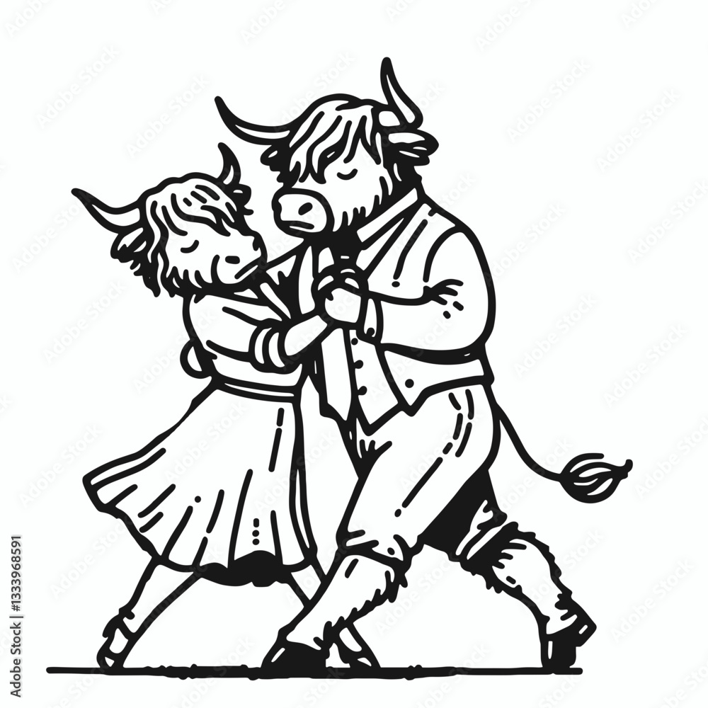 Highland Cow Couple dancing tango minimalist monochrome vector graphic a festive holiday silhouette doodle Highland Cow Couple dancing tango minimalist monochrome vector graphic a festive holiday silhouette doodle