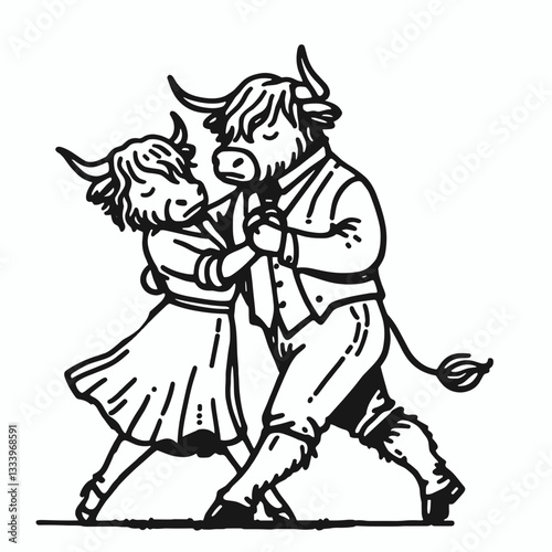 Highland Cow Couple dancing tango minimalist monochrome vector graphic a festive holiday silhouette doodle
