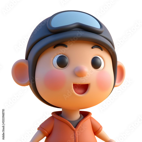 A caucasian boy, with brown hair, wearing a pilot hat and a red jacket, white background