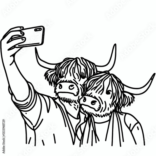 Highland Cow Couple Couple Selfie minimalist vector drawing a loving bovine pair snuggling for a cute photo.