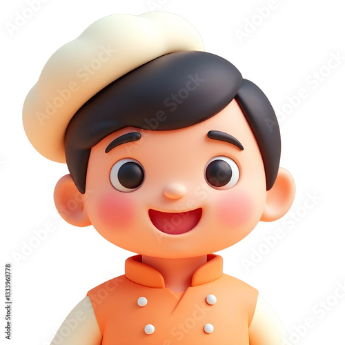 Boy with black hair and fair skin wearing a chef hat and orange shirt, white background