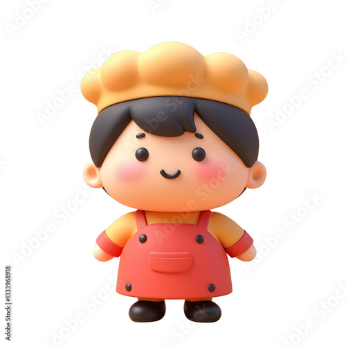 Asian boy with black hair and fair skin wearing a yellow chef hat and a red apron in a white background