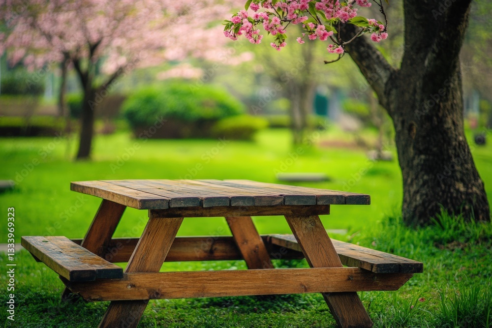 Fototapeta premium Wooden picnic table on a school lawn surrounded by blooming trees Generative AI