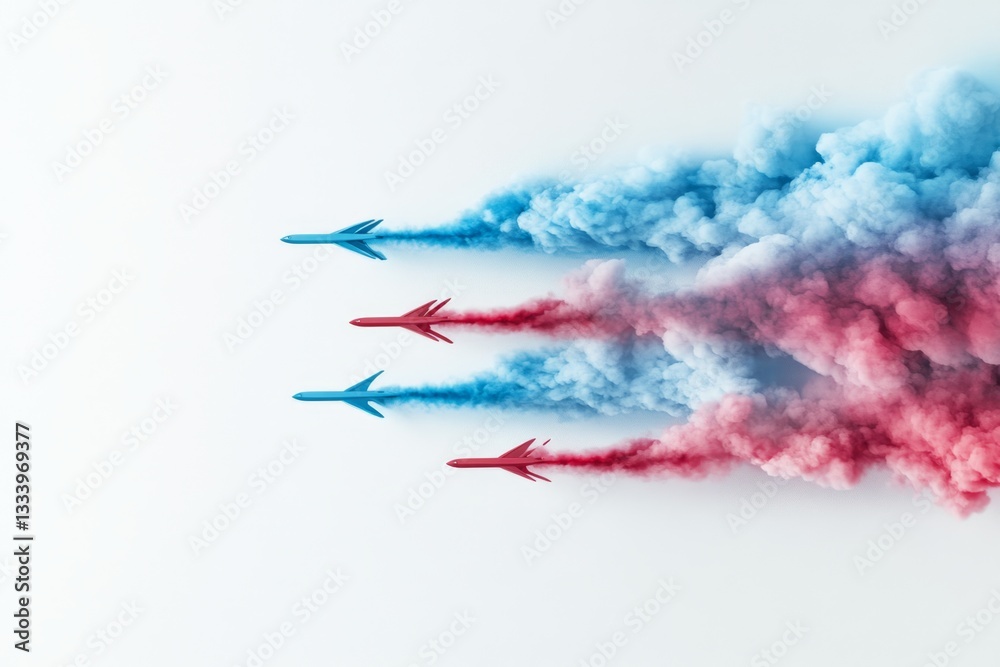 Fototapeta premium A clean 2D illustration of a fleet of airplanes flying in formation, their trails forming sleek patterns in a white sky