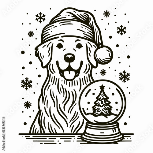 Golden Retriever Dog wearing a Santa hat inside a snow globe vector graphic shows a happy pup celebrating Christmas