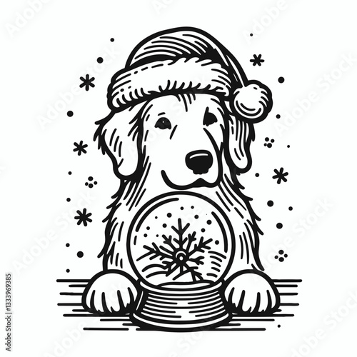 Golden Retriever Dog wearing a Santa hat inside a snow globe vector illustration a festive winter scene