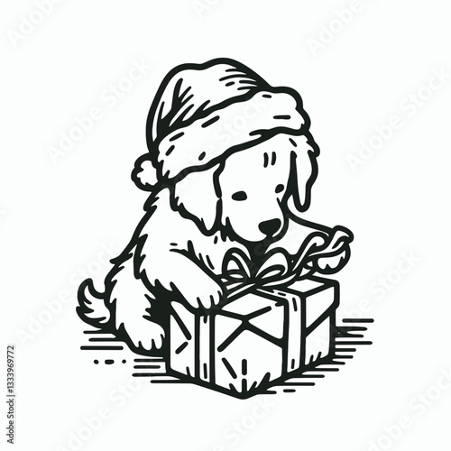 Golden Retriever Dog wearing a Santa hat struggles wrapping a gift a simple monochrome vector outline drawing