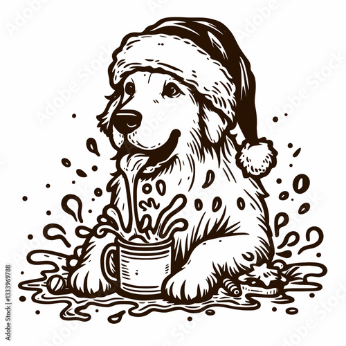Golden Retriever Dog wearing a Santa hat spills hot cocoa everywhere a minimalist vector graphic depicts a festive mishap