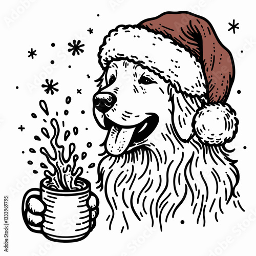 Golden Retriever Dog wearing a Santa hat spills hot cocoa everywhere a minimalist vector graphic showing festive chaos