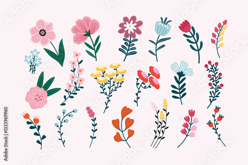 Wallpaper Mural Collection of different beautiful wildflower and garden flowers. Big summer and spring set botanic garden elements. Chamomile, bluebell, tulip, Rose, snowdrop. Hand drawn colorful vector illustration Torontodigital.ca