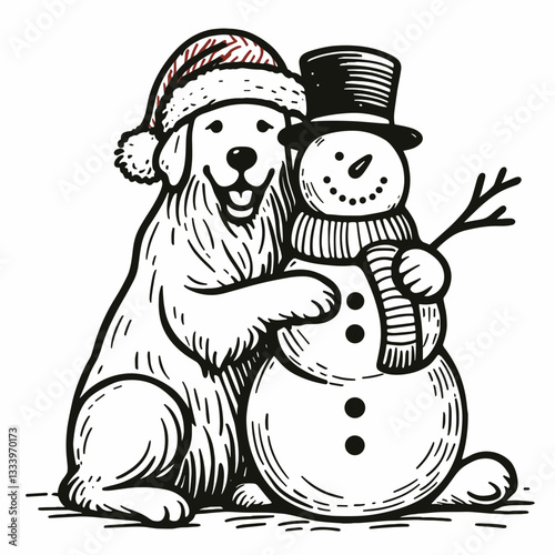 Golden Retriever Dog wearing a Santa hat hugs a huge snowman a minimalist vector graphic depicting festive winter joy