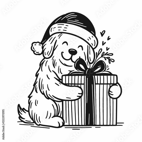 Golden Retriever Dog wearing a Santa hat hugs a huge gift box a minimalist vector drawing of Christmas cheer