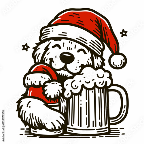 Golden Retriever Dog wearing a Santa hat hugs a huge beer mug a minimalist vector graphic