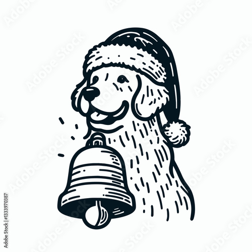 Golden Retriever Dog wearing a Santa hat holding a huge bell vector graphic simple minimalist illustration of a festive pup