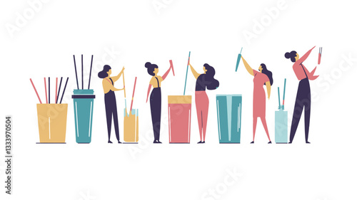 A digital illustration depicting a horizontal arrangement of stylized female figures interacting with various cups and drinking straws. The figures are rendered in a simplified, flat design style