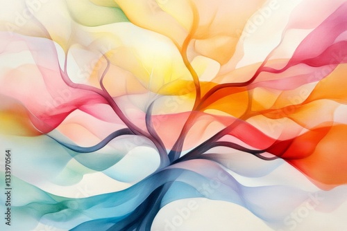 A clean, abstract design of a tree with deep roots and vibrant, sprawling branches, symbolizing growth and resilience, in muted pastel colors photo